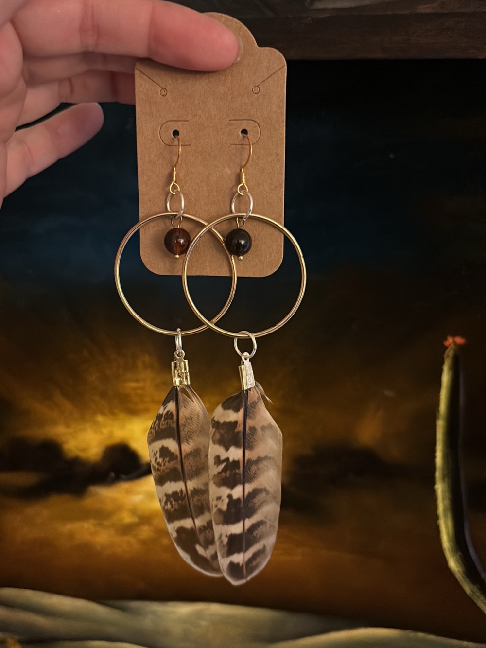 Gold Hoop Earrings with Duck Feather Drops